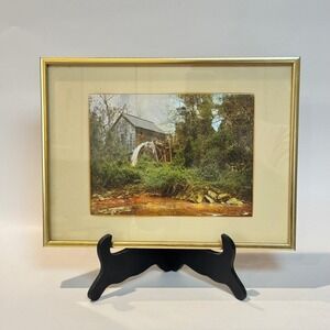 Vintage 70s Retro Foil Art Image in Gold Frame Water Mill‎ Farm Country Scene